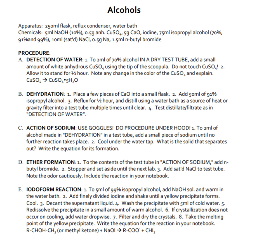 Solved Alcohols Apparatus: 250ml flask, reflux condenser