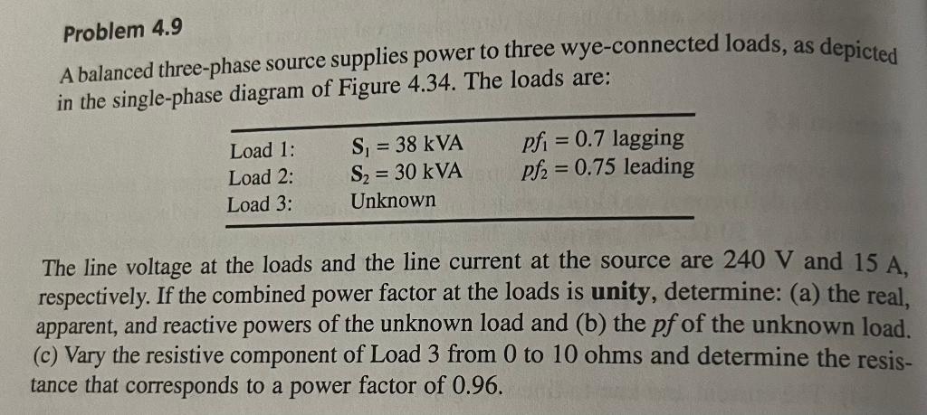 Problem 4.9 A balanced three-phase source supplies | Chegg.com