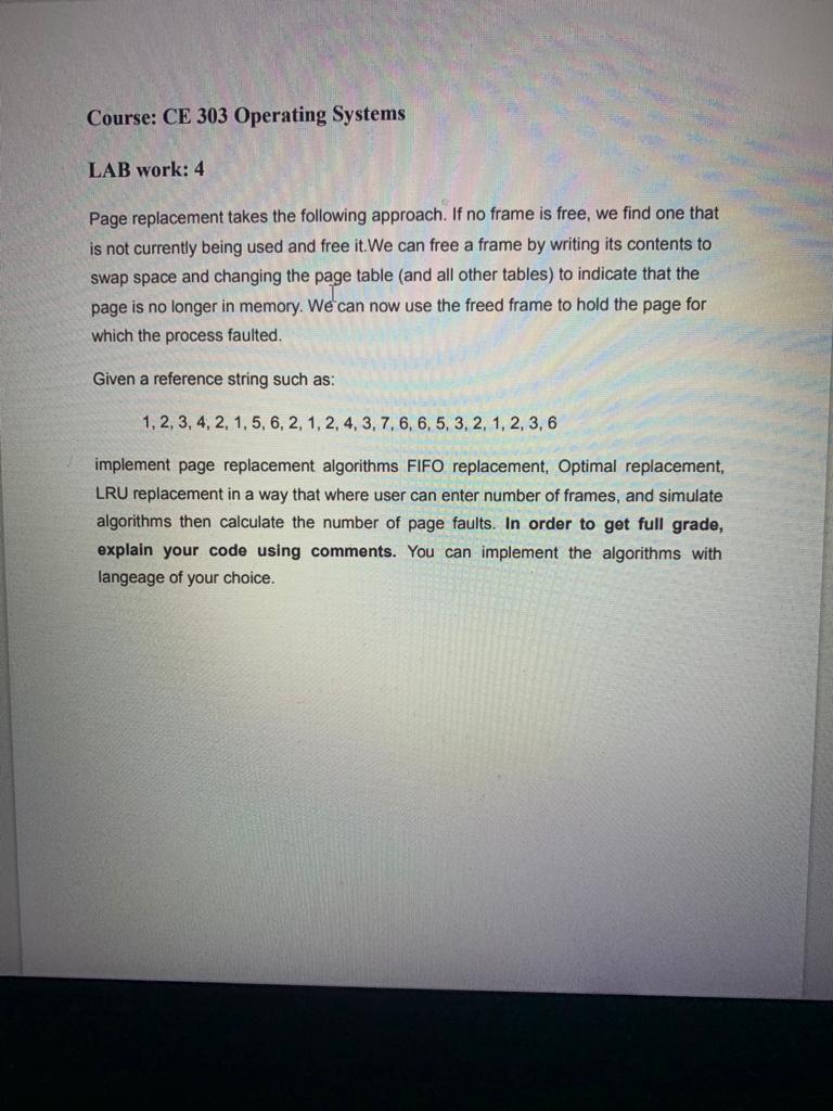 Solved Course: CE 303 Operating Systems LAB work: 4 Page | Chegg.com