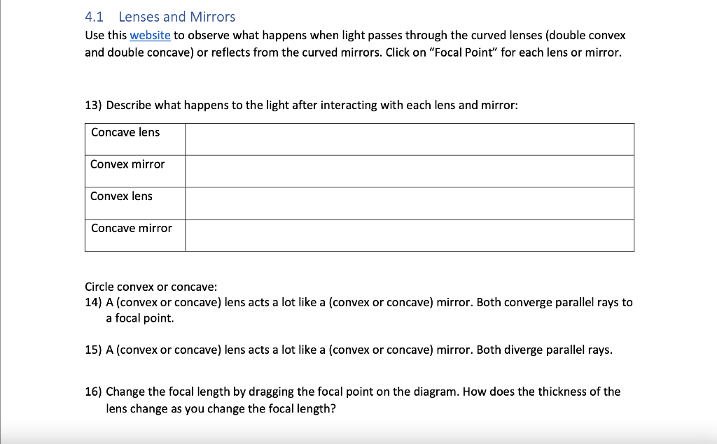 Solved 4.1 Lenses and Mirrors Use this website to observe | Chegg.com