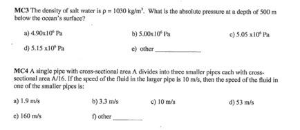 Solved MC3 The density of salt water is p=1030 kg/m3. What | Chegg.com