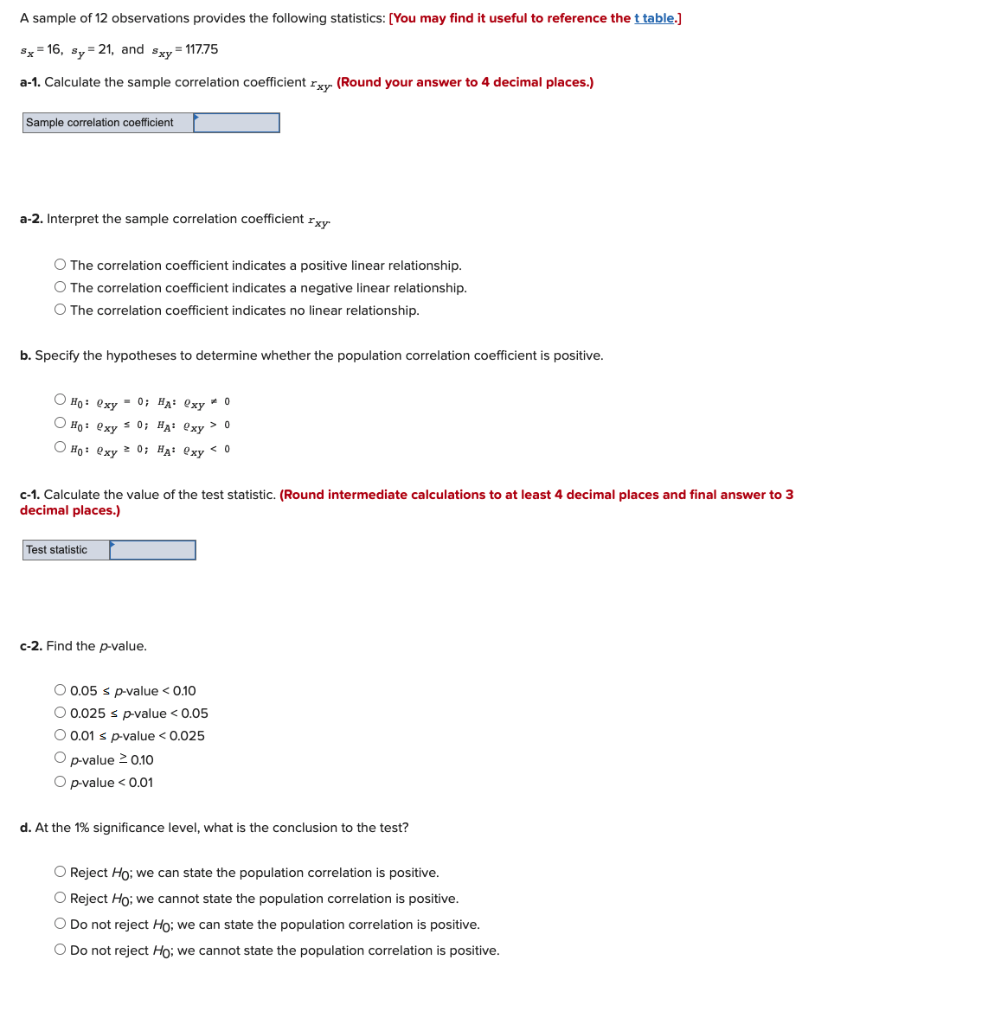 Solved A sample of 12 observations provides the following | Chegg.com