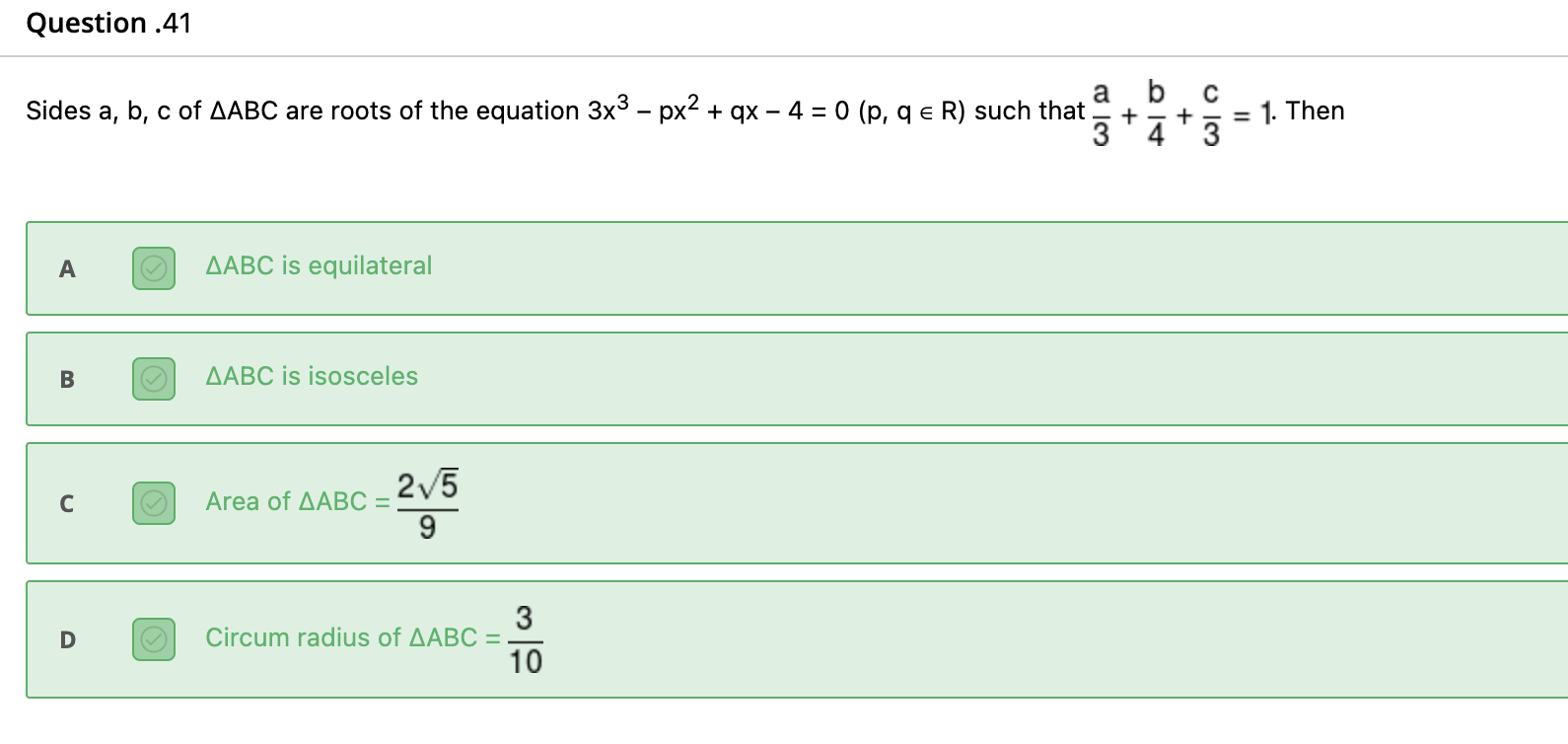 Solved Sides a,b,c of ABC are roots of the equation | Chegg.com