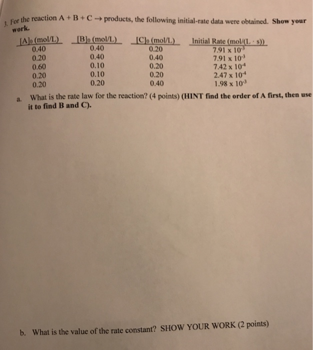 Solved 3. For the reaction A + B + C products, the following | Chegg.com