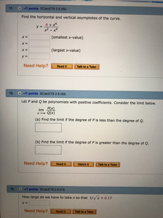 Solved 11. +/-/1 points SCalcET8 2.6.050 Find the horizontal | Chegg.com