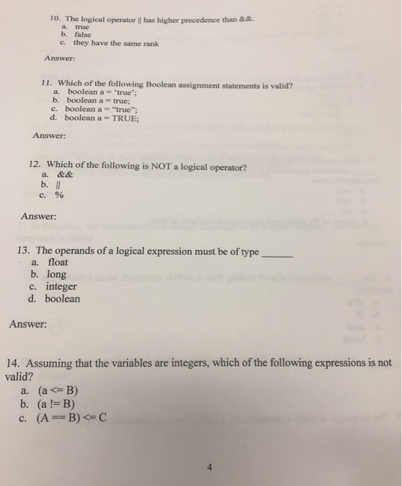 Solved 10. The logical operator I| has higher precedence | Chegg.com
