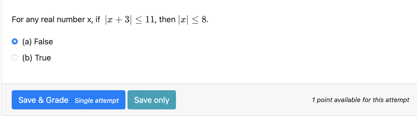 Solved For any real number x, if x + 3| ≤ 11, then |x| ≤ 8. | Chegg.com