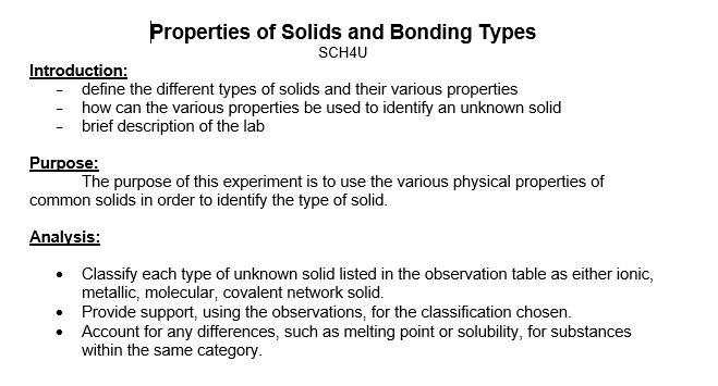 Solved Properties of Solids and Bonding Types SCH4U