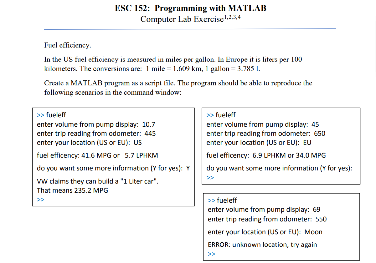 Solved ESC 152: Programming with MATLAB Computer Lab | Chegg.com