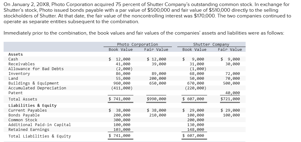 Solved On January 2, 20X8, Photo Corporation acquired 75 | Chegg.com