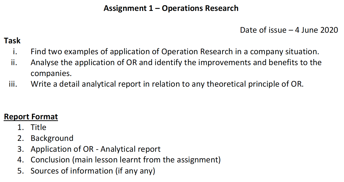 Assignment 1 - Operations Research Date of issue – 4 | Chegg.com