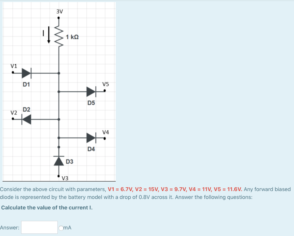 Solved 3V 1 ΚΩ V1 D1 V5 D5 D2 V2 V4 D4 D3 V3 Consider the | Chegg.com