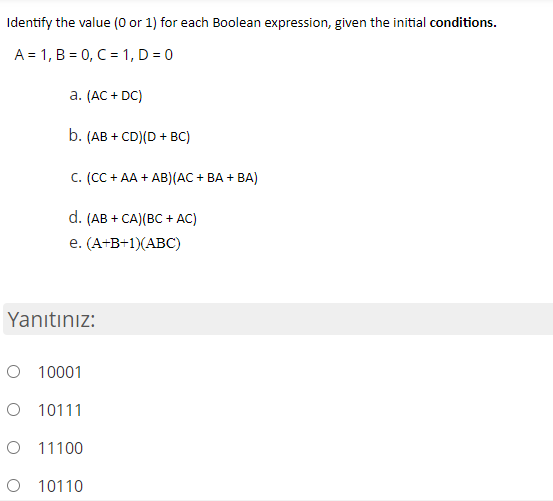 Solved Identify the value (0 or 1) for each Boolean | Chegg.com