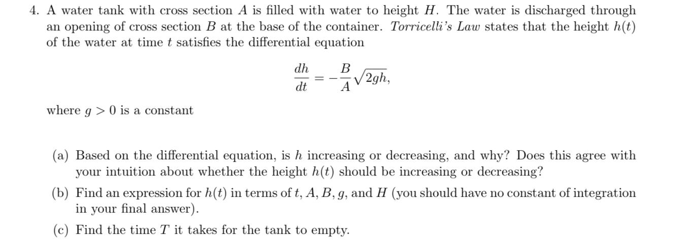 Solved A water tank with cross section A is filled with | Chegg.com