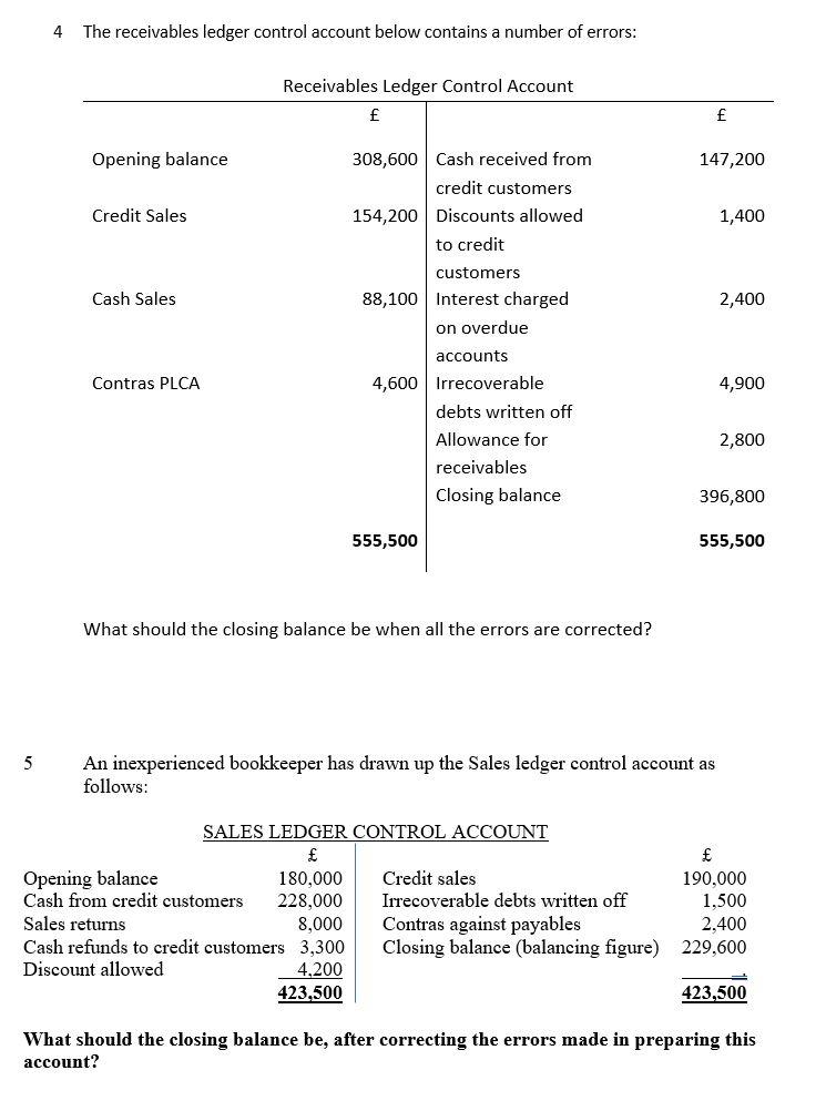 Solved 4 The receivables ledger control account below