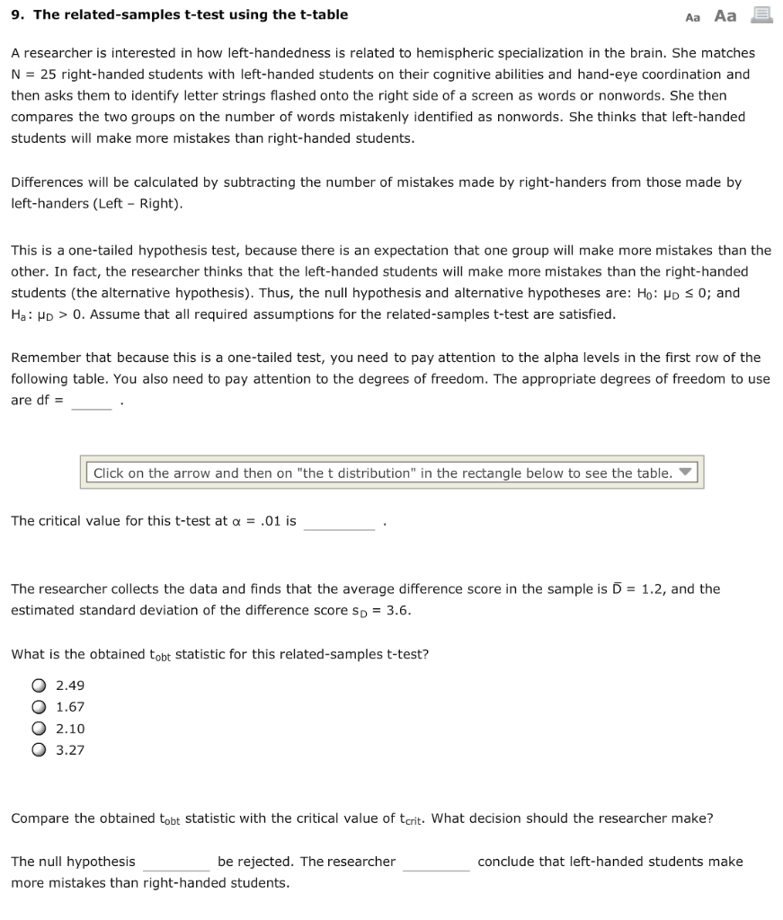 Solved 9. The related-samples t-test using the t-table Aa Aa | Chegg.com