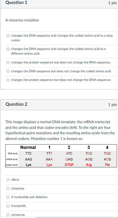 Solved Question 1 1 pts A missense mutation changes the DNA | Chegg.com