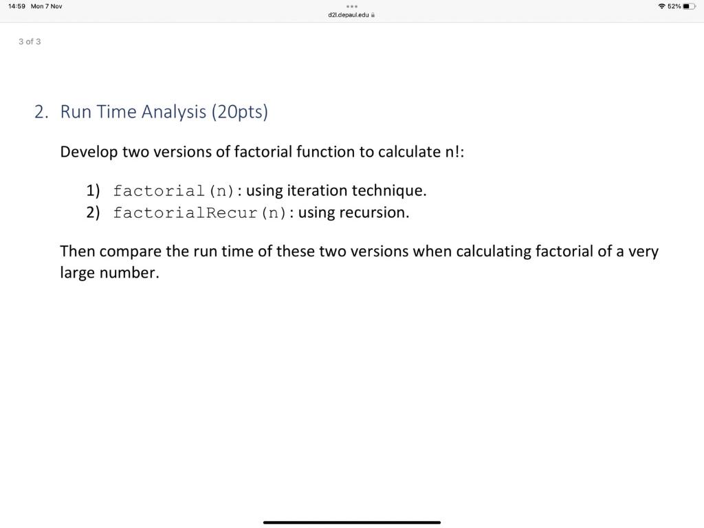 Solved 2. Run Time Analysis (20pts) Develop two versions of | Chegg.com