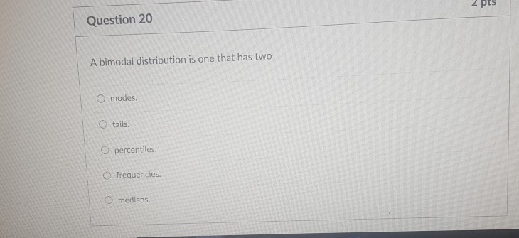 Solved 2 pts Question 20 A bimodal distribution is one that | Chegg.com