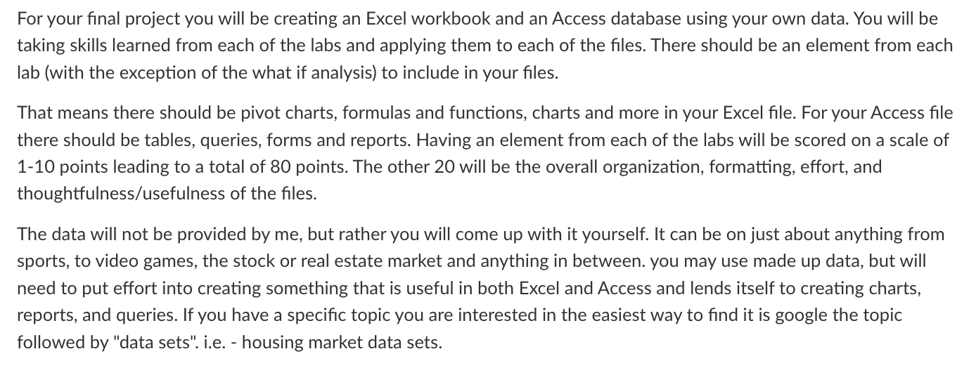 For your final project you will be creating an Excel | Chegg.com