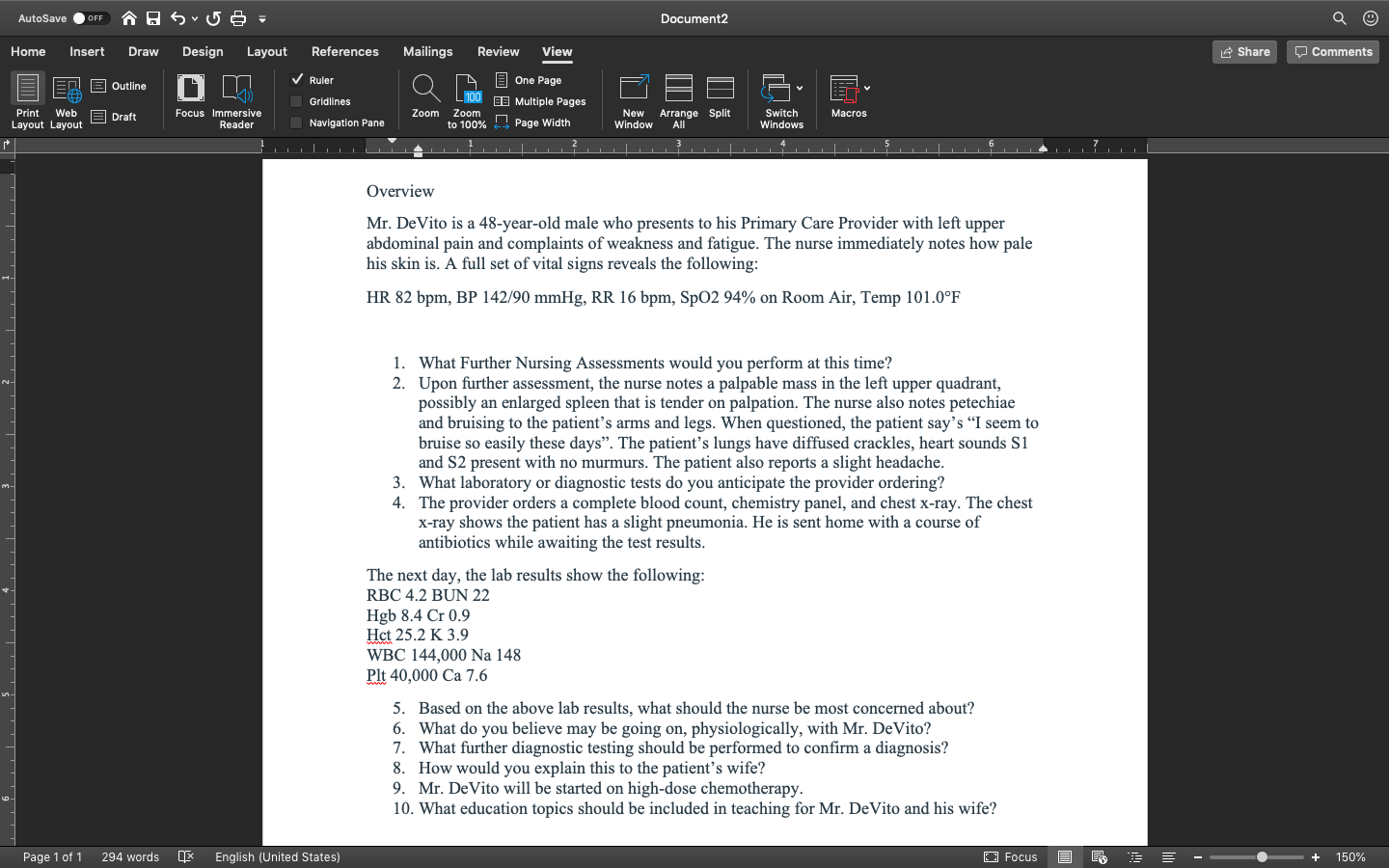 Solved AutoSave OFF À A Suve- Document2 Home Insert Draw | Chegg.com