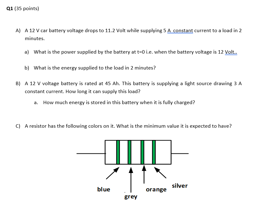 Solved A) A 12 V car battery voltage drops to 11.2 Volt