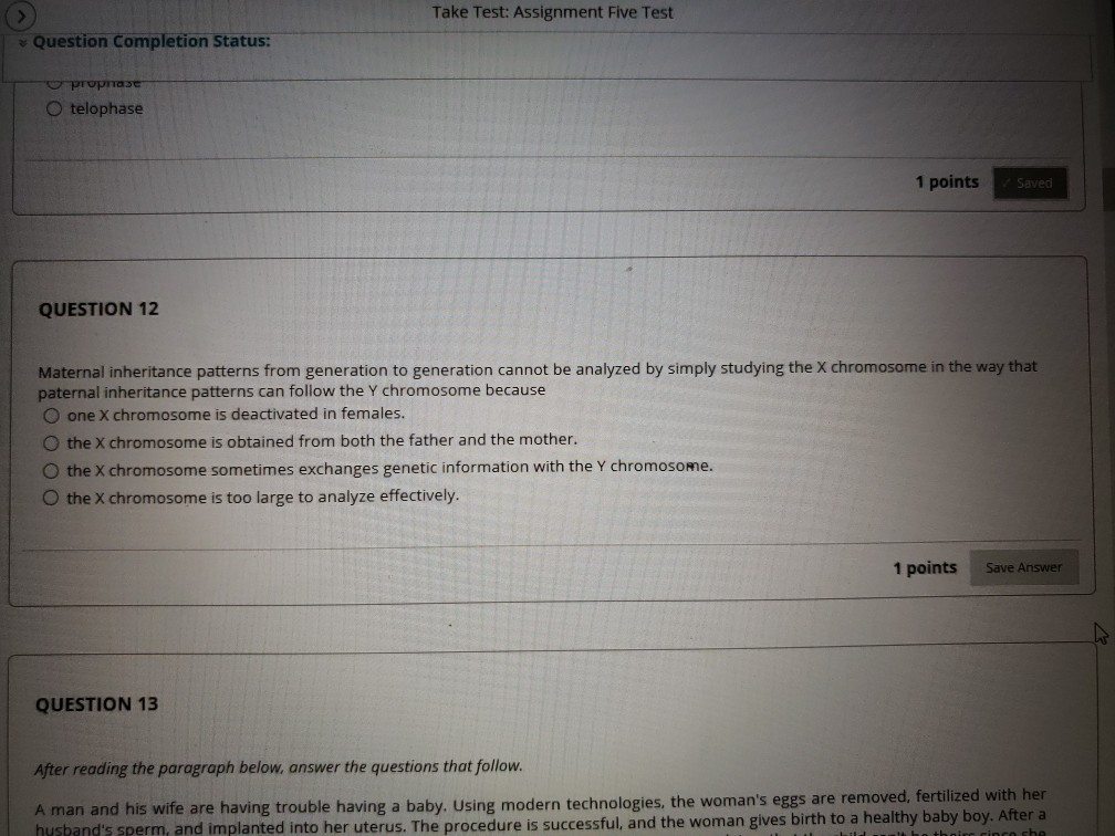 Solved Take Test: Assignment Five Test Question Completion | Chegg.com