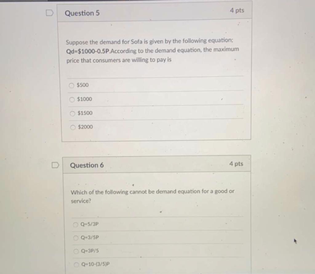 Solved Question 5 4 pts Suppose the demand for Sofa is given | Chegg.com