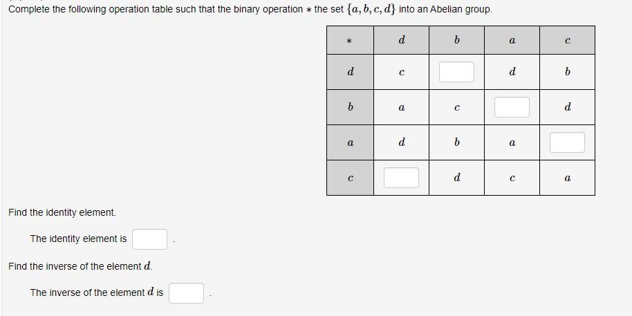Solved Complete the following operation table such that the | Chegg.com