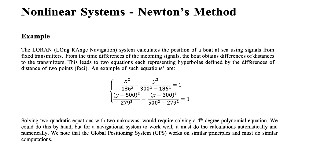 Nonlinear Systems - Newton's Method Example The LORAN | Chegg.com