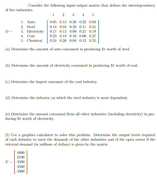 Solved Consider the following input-output matrix that | Chegg.com