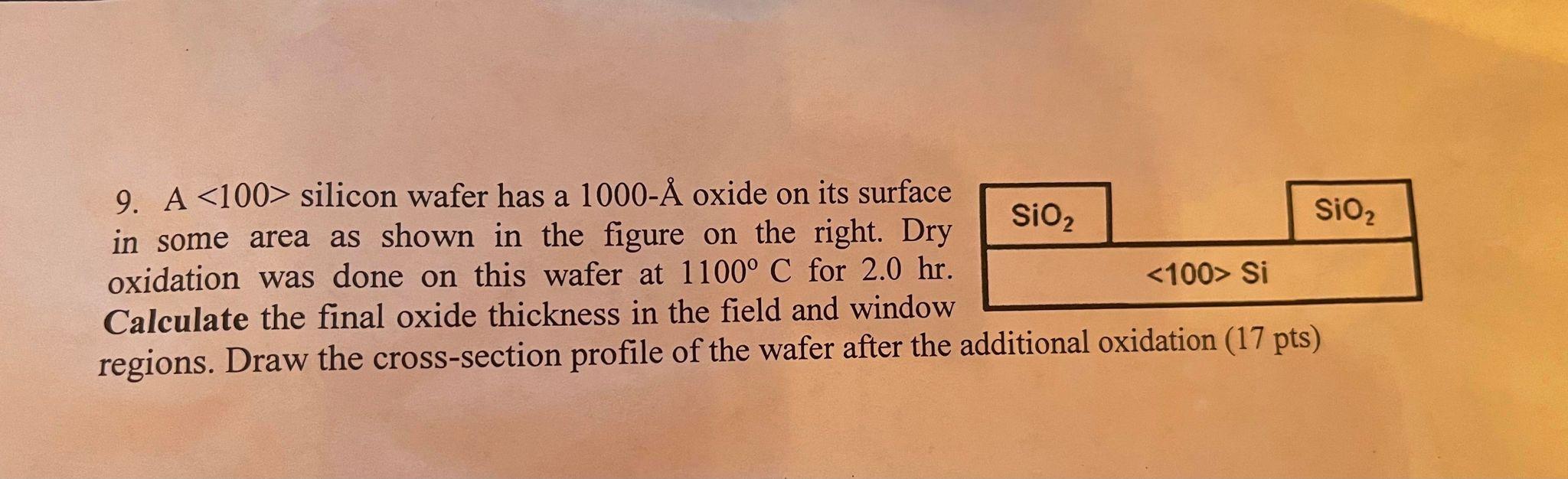 9. \( A<100> \) silicon wafer has a \( 1000-\AA \) oxide on its surface in some area as shown in the figure on the right. Dry