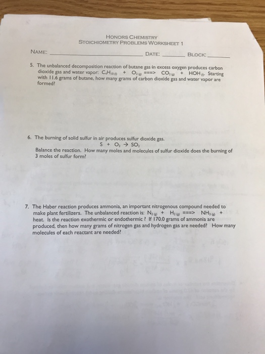 Solved: HONORS CHEMISTRY STOICHIOMETRY PROBLEMS WORKSHEET | Chegg.com