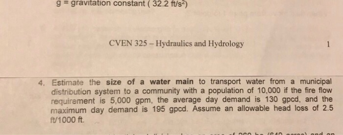 Solved Estimate the size of a water main to transport water | Chegg.com