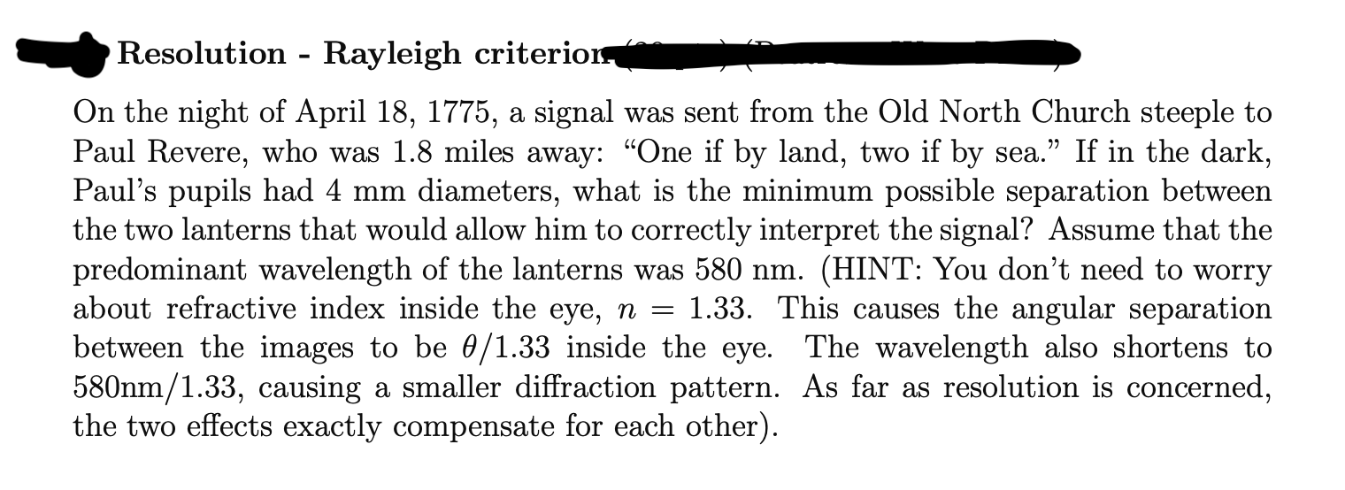 Solved Resolution - Rayleigh criterion On the night of April | Chegg.com
