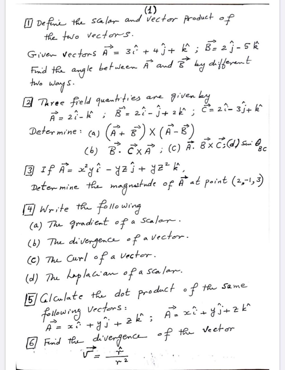 Solved Two Vs 1 U Define The Scalar And Vector Product Chegg Com