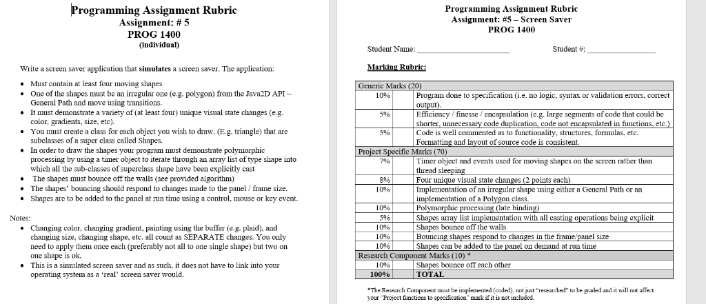 Have to make a screensaver in Java, rubric and a | Chegg.com