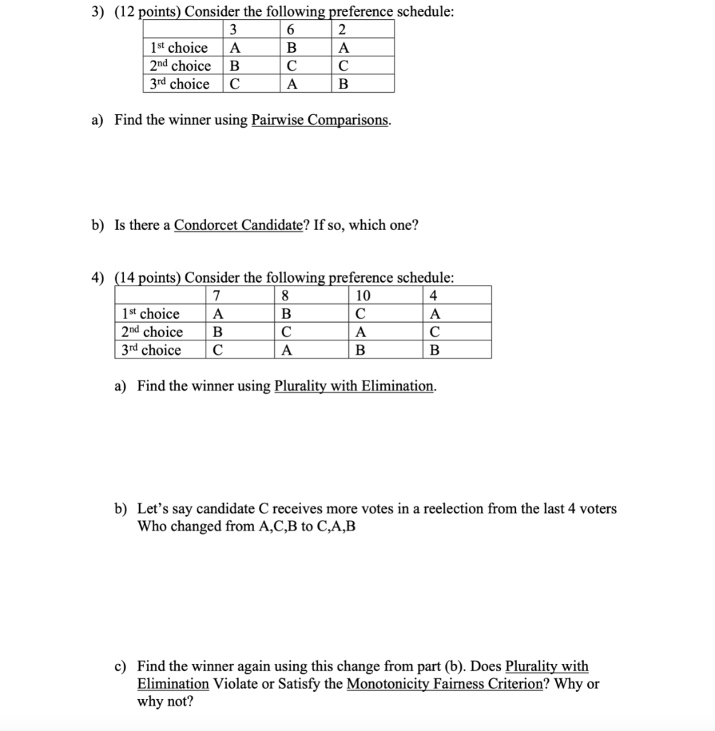 Solved 1) (11 Points) Consider The Following Preference | Chegg.com