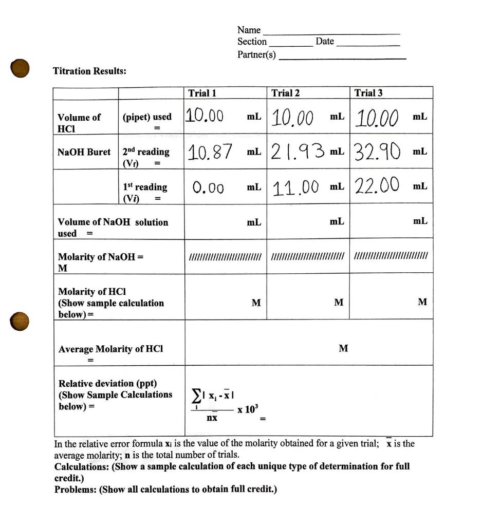 Solved Lab 12- Volumetric Analysis PURPOSE To determine the | Chegg.com