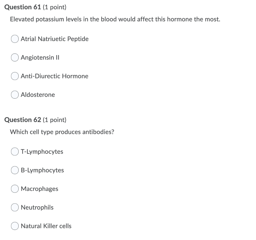 Solved Question 61 1 Point Elevated Potassium Levels In Chegg