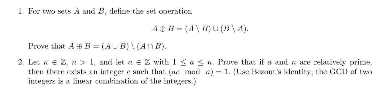 Solved 1. For Two Sets A And B, Define The Set Operation AB= | Chegg.com