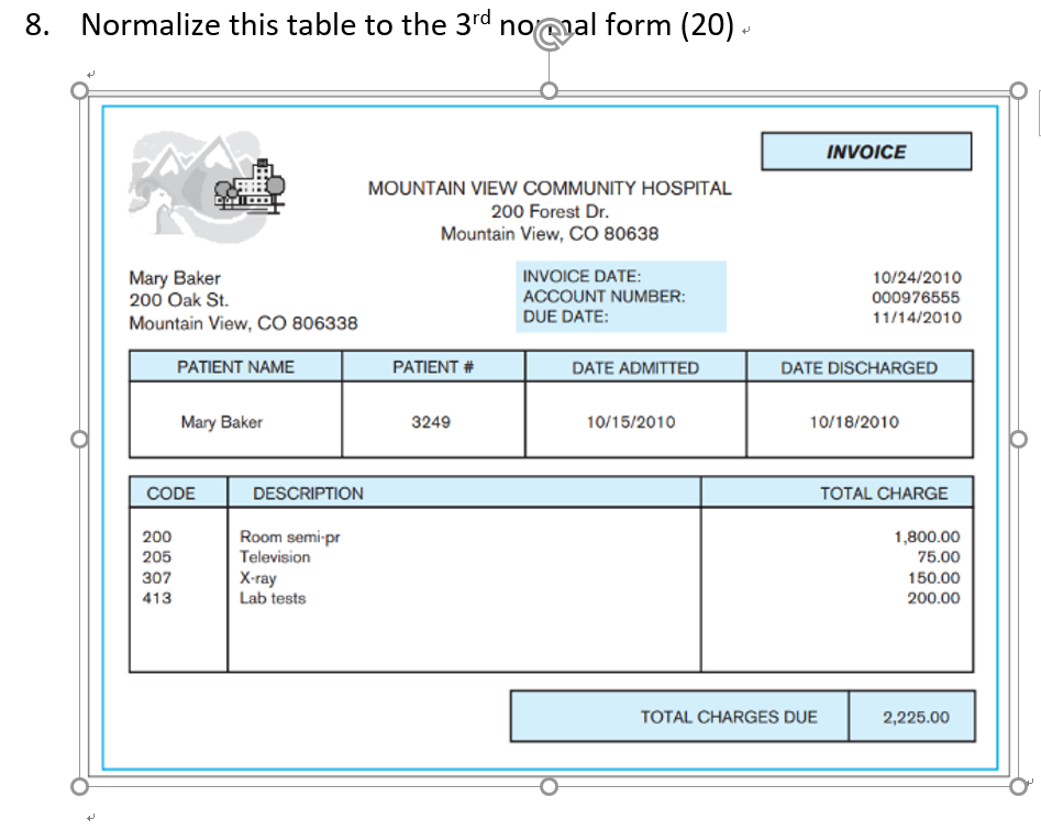 Solved 8. Normalize this table to the 3rd no@al form (20) t | Chegg.com