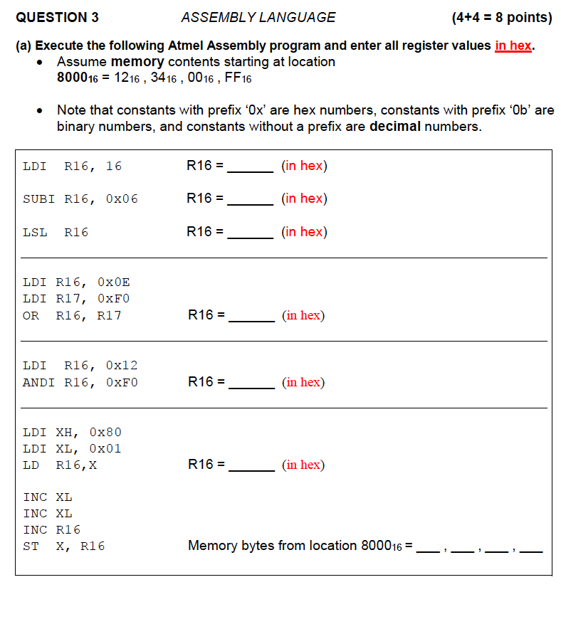 Solved QUESTION 3 ASSEMBLY LANGUAGE (4+4 = 8 points) (a) | Chegg.com