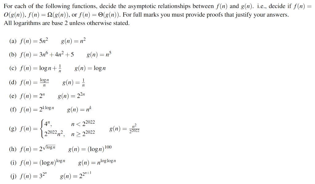 Solved For each of the following functions, decide the | Chegg.com