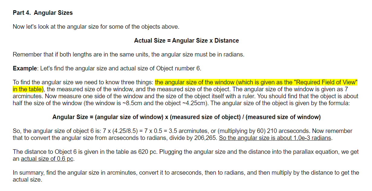 Solved Part 4. Angular Sizes Now let's look at the angular | Chegg.com