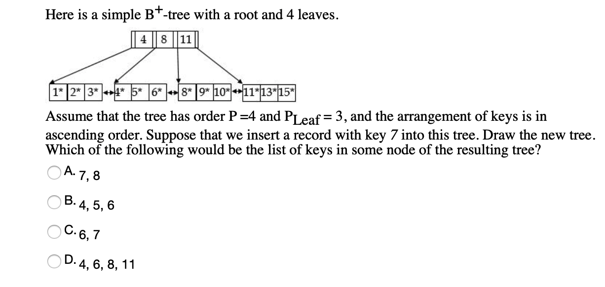 Here is a simple B+-tree with a root and 4 leaves. | 4 || 8 ||11|| 1* 2* |3* **** 5* 6* - 8*19*10*/*11*13*15* Assume that the