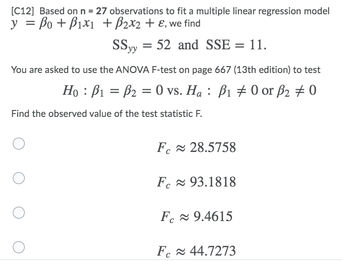 Solved [C12] Based on n = 27 observations to fit a multiple | Chegg.com