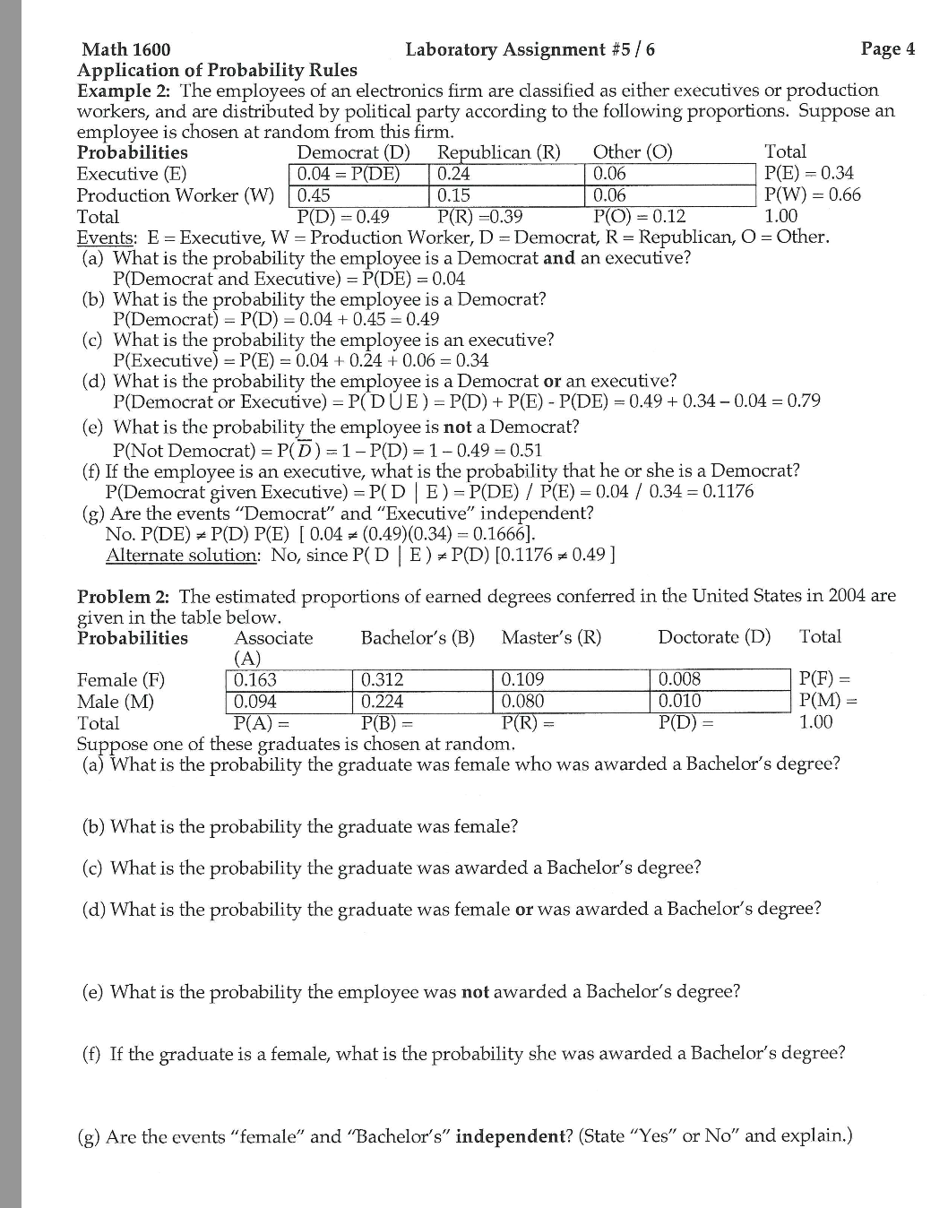 Solved Application of Probability Rules Example 2: The | Chegg.com