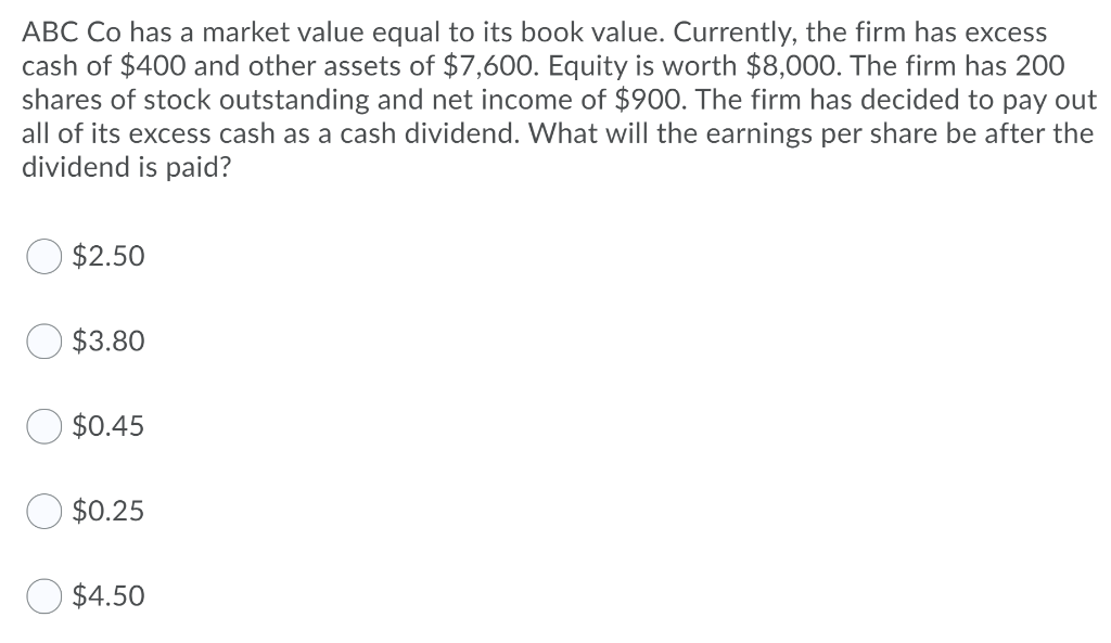 Solved ABC Co has a market value equal to its book value.