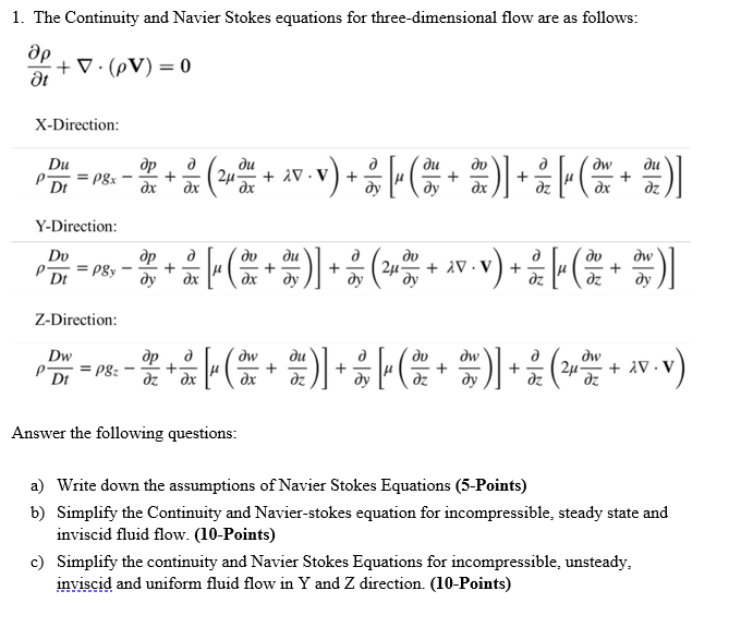 Solved 1. The Continuity and Navier Stokes equations for | Chegg.com